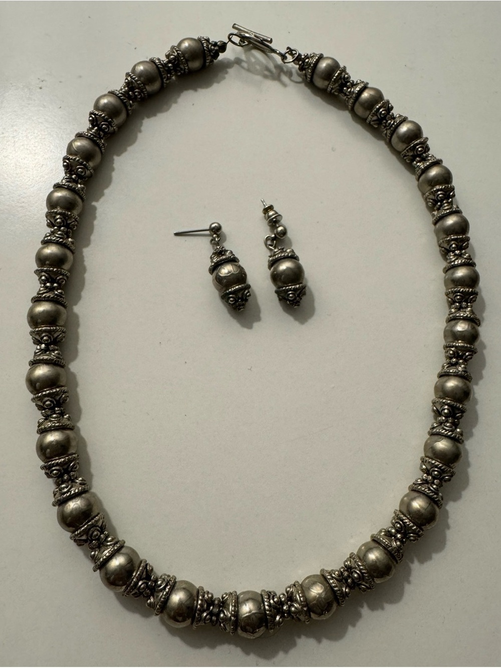 Vintage Silvertoned Tribal Inspired Beaded Necklace & Earrings *READ*